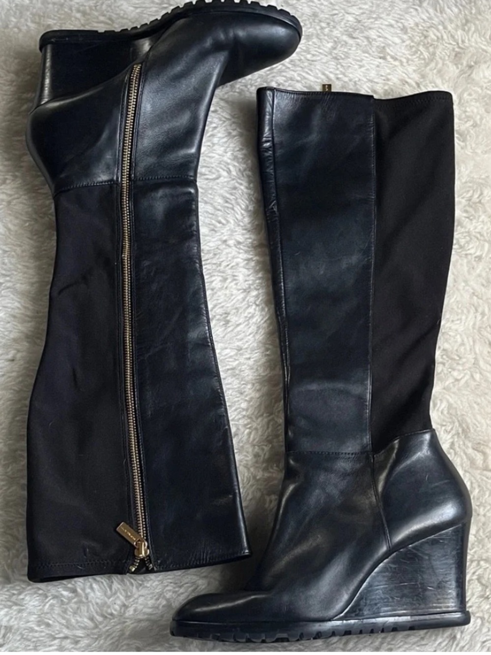 Michael Kors tall Black Leather and stretch Wedge Boots size 9